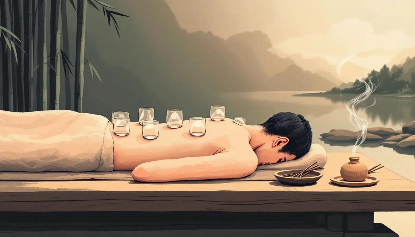 An illustration of complementary therapies like cupping therapy and moxibustion in oriental medicine.