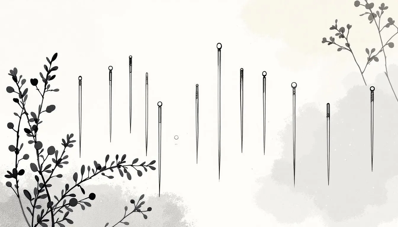 An illustration depicting various acupuncture needles used in healing acupuncture.