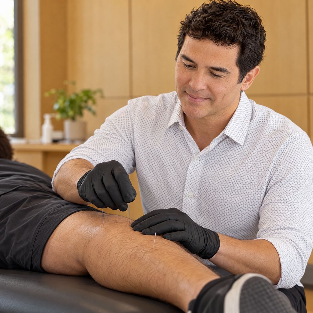 Andrew Castellanos performing dry needling on a patient's leg