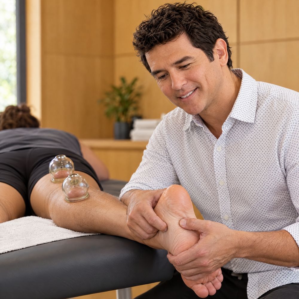 Andrew Castellanos treating a runner's heel and arch, with cupping on the calf