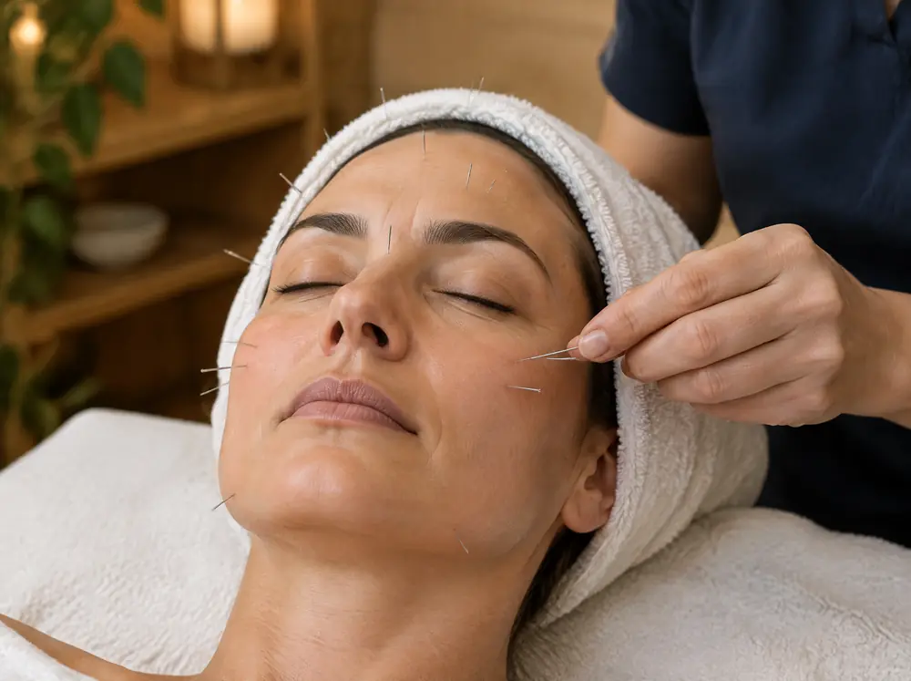 Fine acupuncture needles placed along a relaxed woman's forehead and cheekbones during cosmetic acupuncture