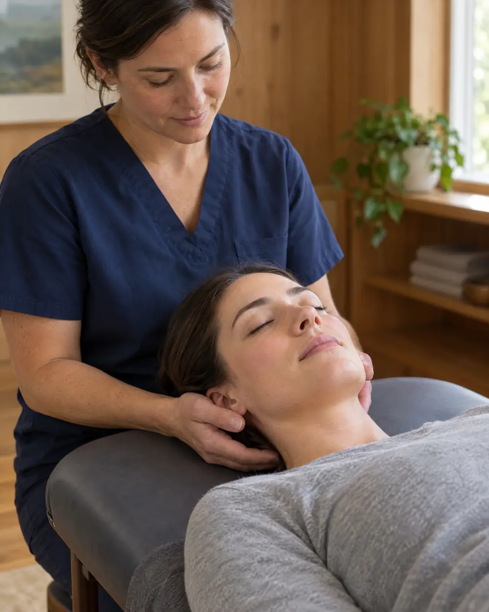 A practitioner gently cradling a resting patient's head during craniosacral therapy