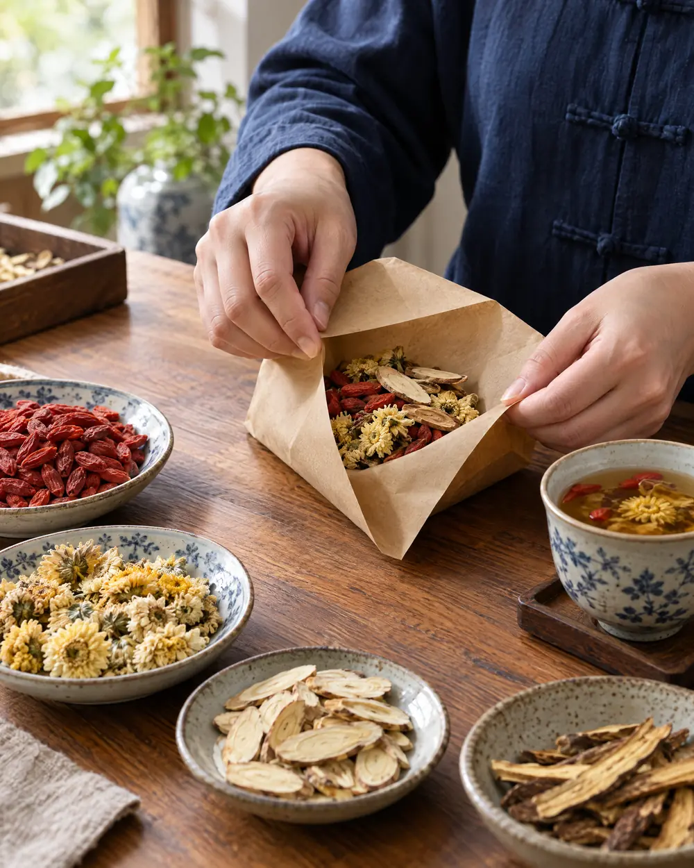A practitioner folding a packet of dried Chinese herbs beside bowls of herbs and herbal tea