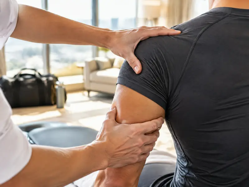 Practitioner treating a pro athlete's shoulder in a hotel suite