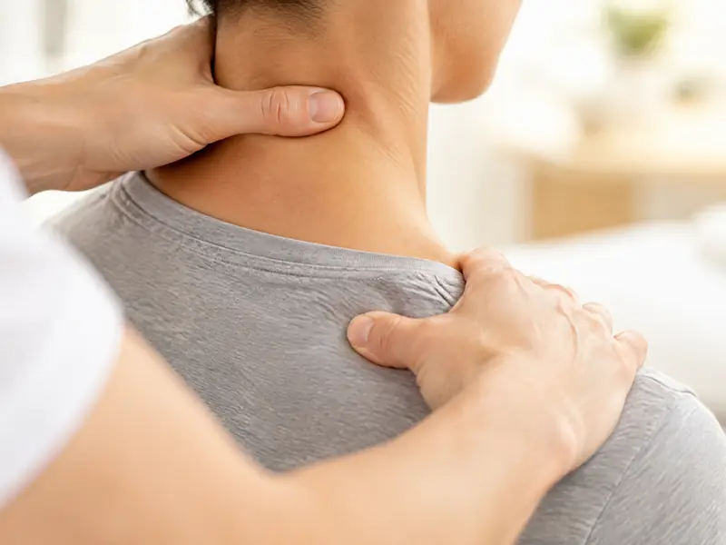 Practitioner's thumbs easing tension in a patient's neck and shoulder