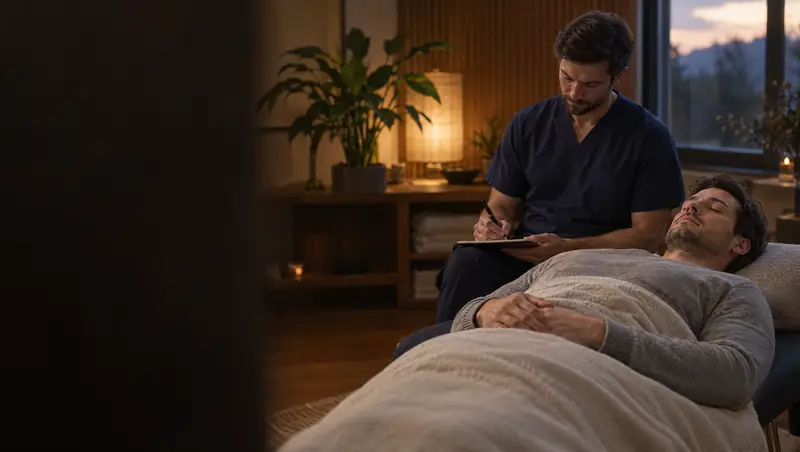 A patient resting peacefully under a blanket in a softly lit treatment room
