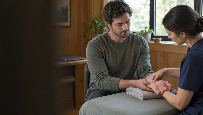 Practitioner treating the inside of a patient's wrist