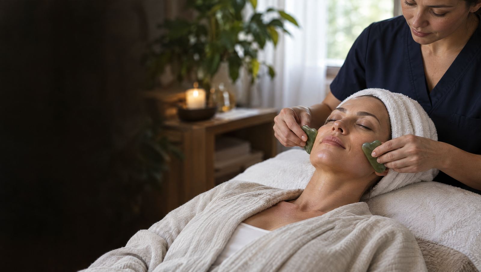 A woman resting peacefully on a treatment table in a calm, softly lit acupuncture room while a practitioner gently touches her temples