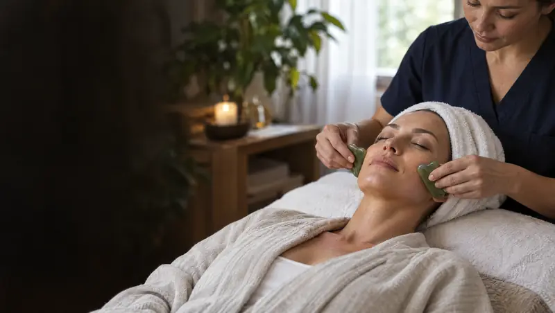 A practitioner giving a gentle facial treatment with a jade gua sha stone