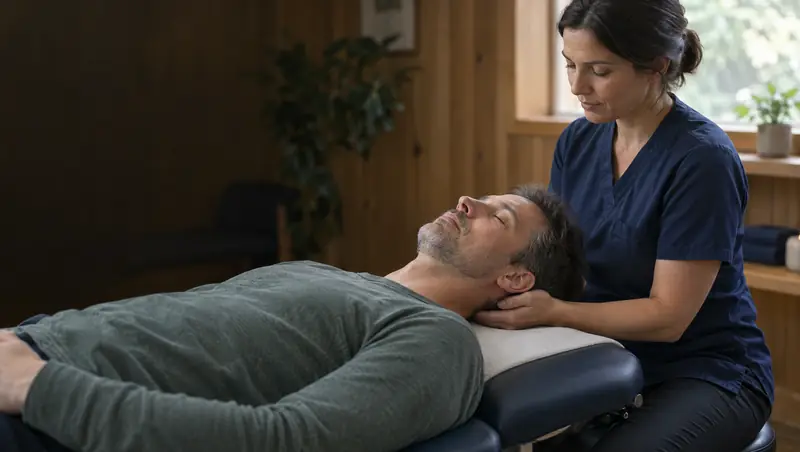 A practitioner gently cradling a resting patient's head