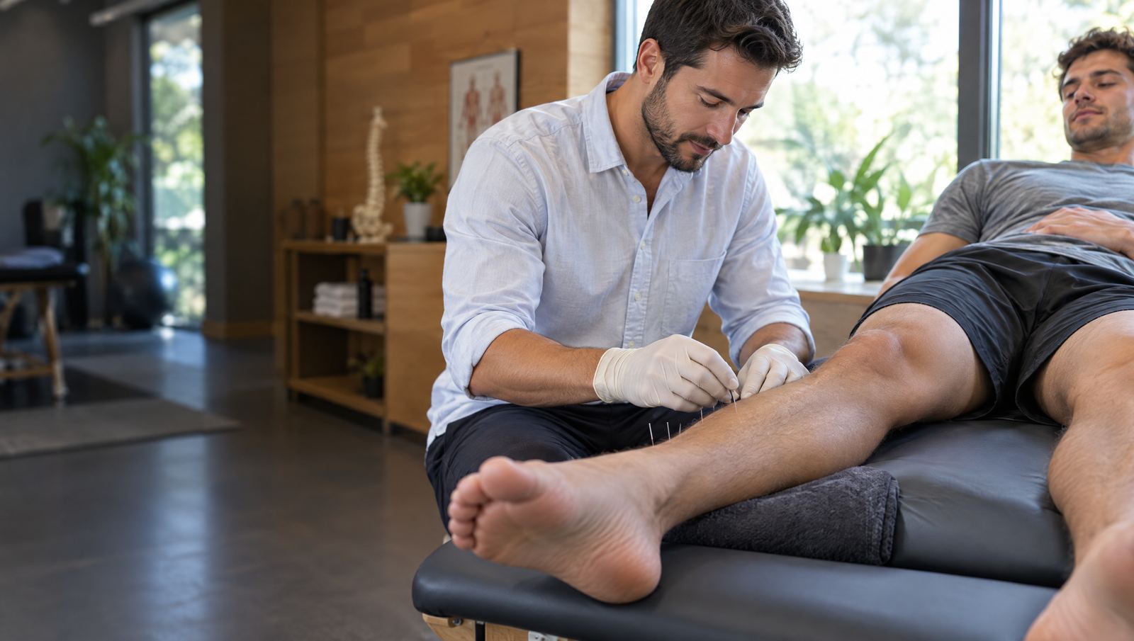 Acupuncturist placing fine needles in a runner's lower leg on a treatment table