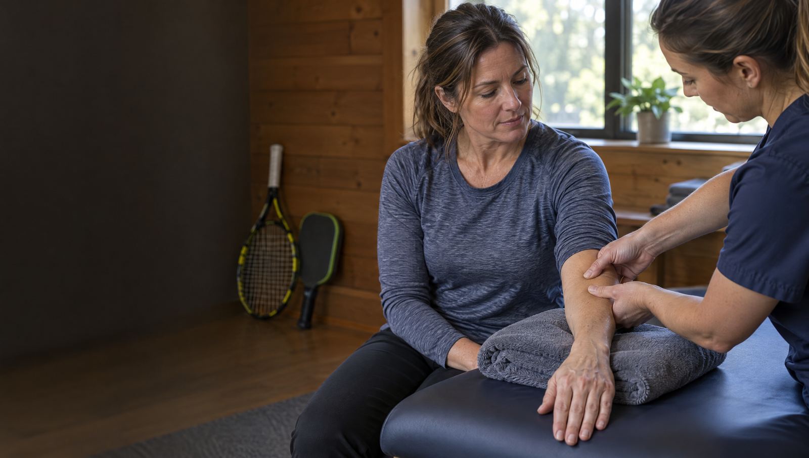 Practitioner treating the forearm of a woman resting her arm on a folded towel, with a tennis racket and pickleball paddle nearby