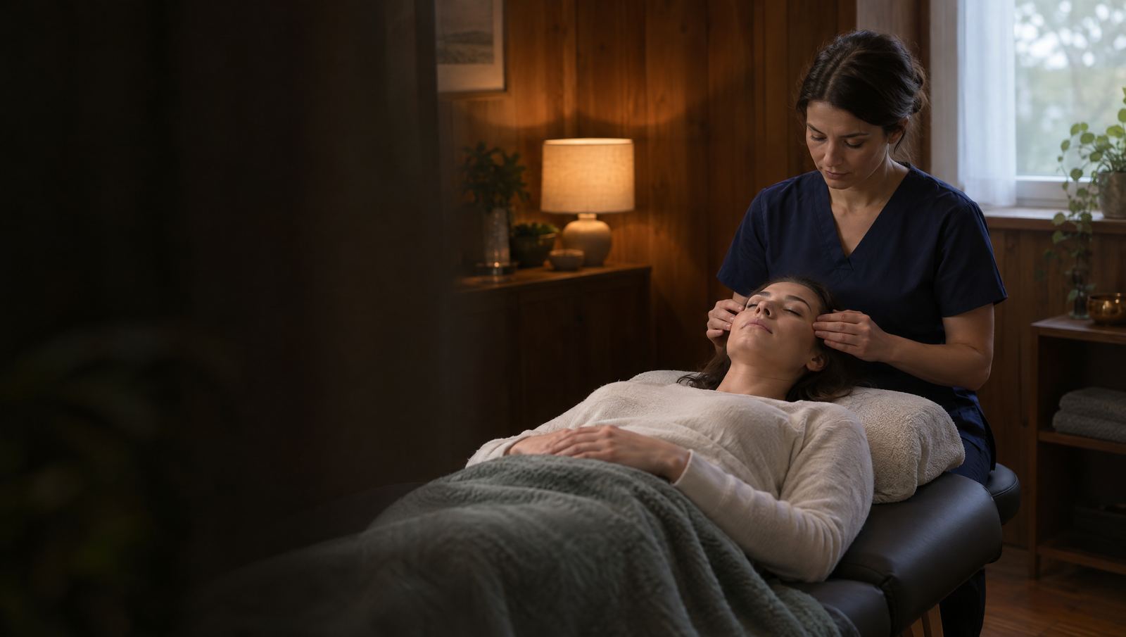 Patient resting calmly on a treatment table while an acupuncturist works at the shoulders in a warm wood-panelled clinic