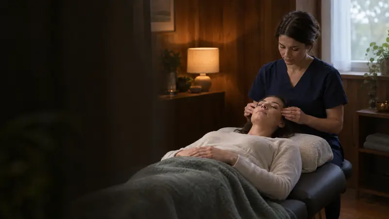 Practitioner gently treating a resting patient's temples