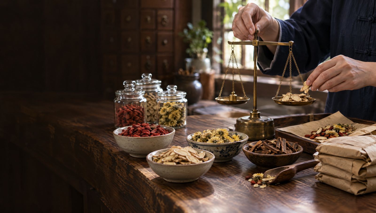 A practitioner and a patient talking across a wooden table set with small bowls of dried Chinese herbs in a calm, sunlit consultation room