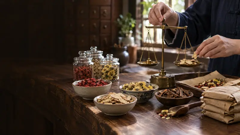 Dried Chinese herbs in bowls and jars beside a brass herbal scale