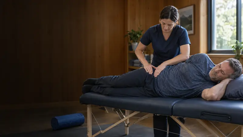 Practitioner treating the side of a patient's hip