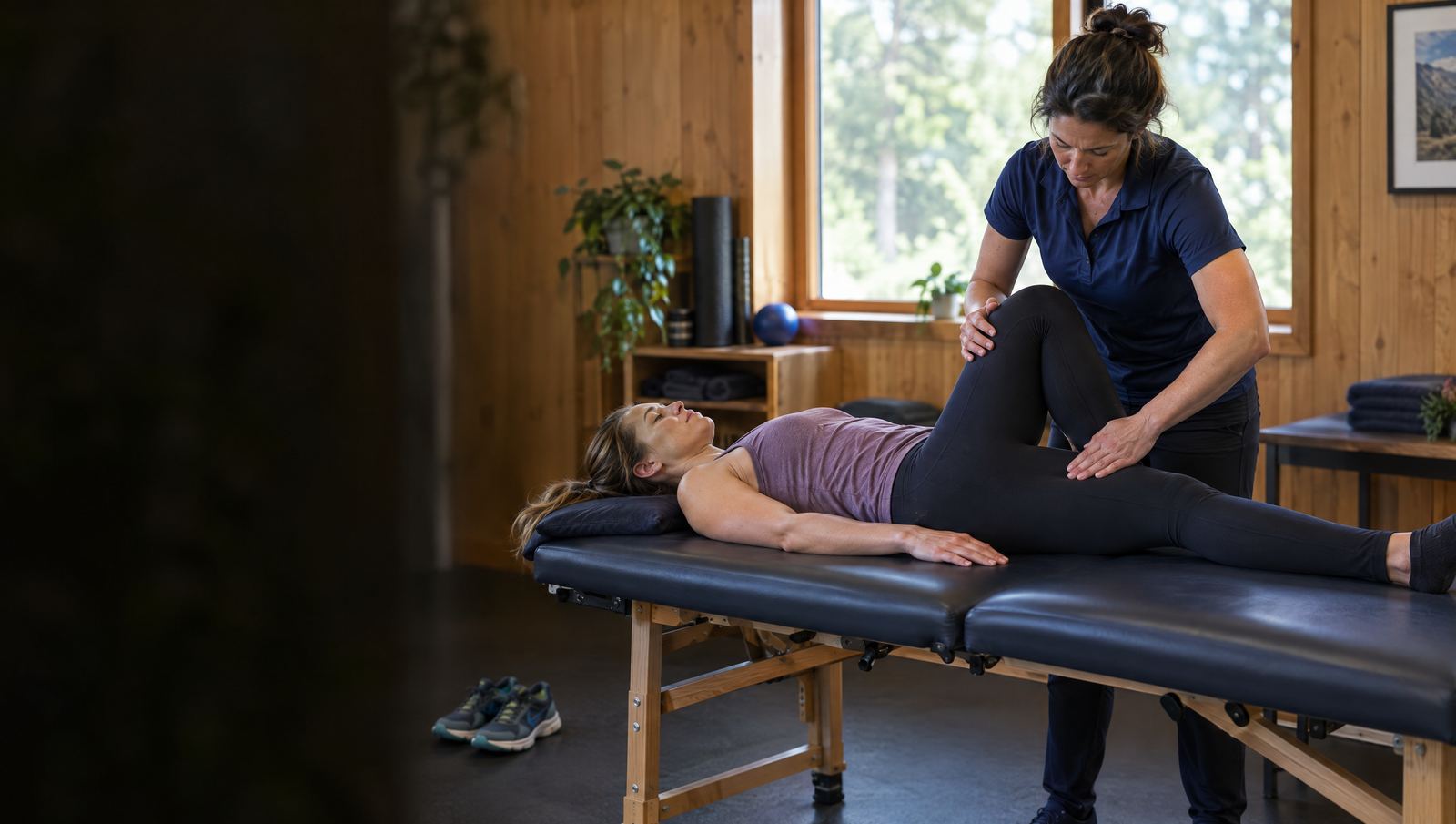 Practitioner working on a runner's knee and outer thigh on a treatment table in a warm wood-panelled clinic