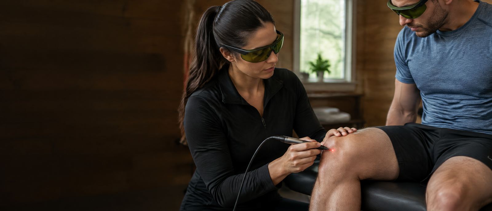 Practitioner in laser safety glasses holding a cold laser probe to an athlete's knee