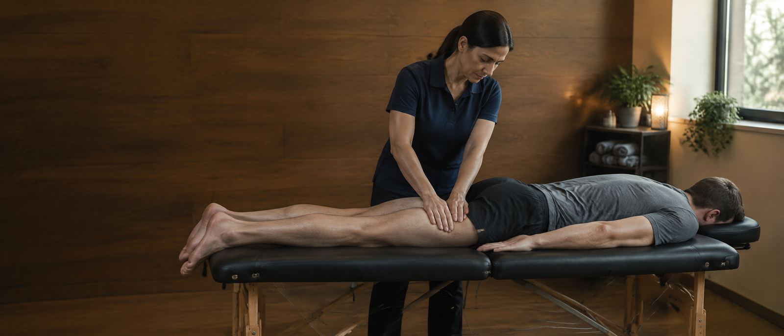 Massage therapist working on the hamstring of an athlete lying face down on a treatment table