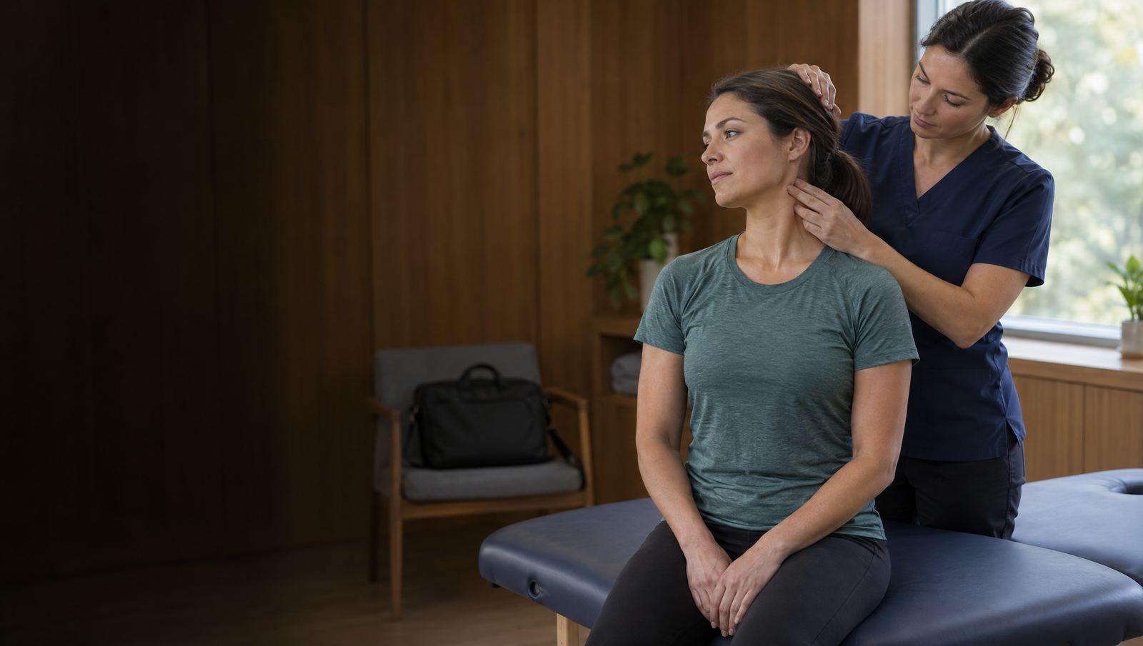 Acupuncturist assessing a patient's neck and shoulders in a warm wood-panelled clinic