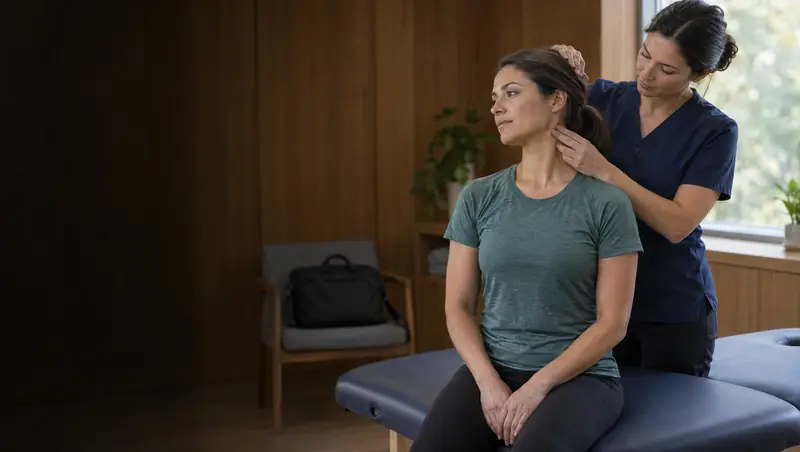 Practitioner assessing the muscles at the side of a patient's neck