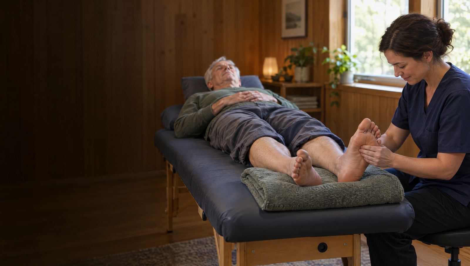 A practitioner gently assessing sensation in a patient's foot during a calm treatment