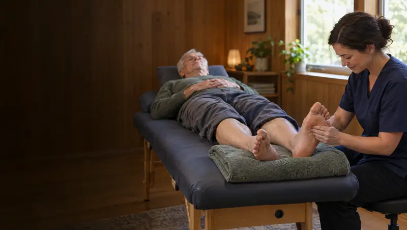 Practitioner assessing sensation in a patient's foot
