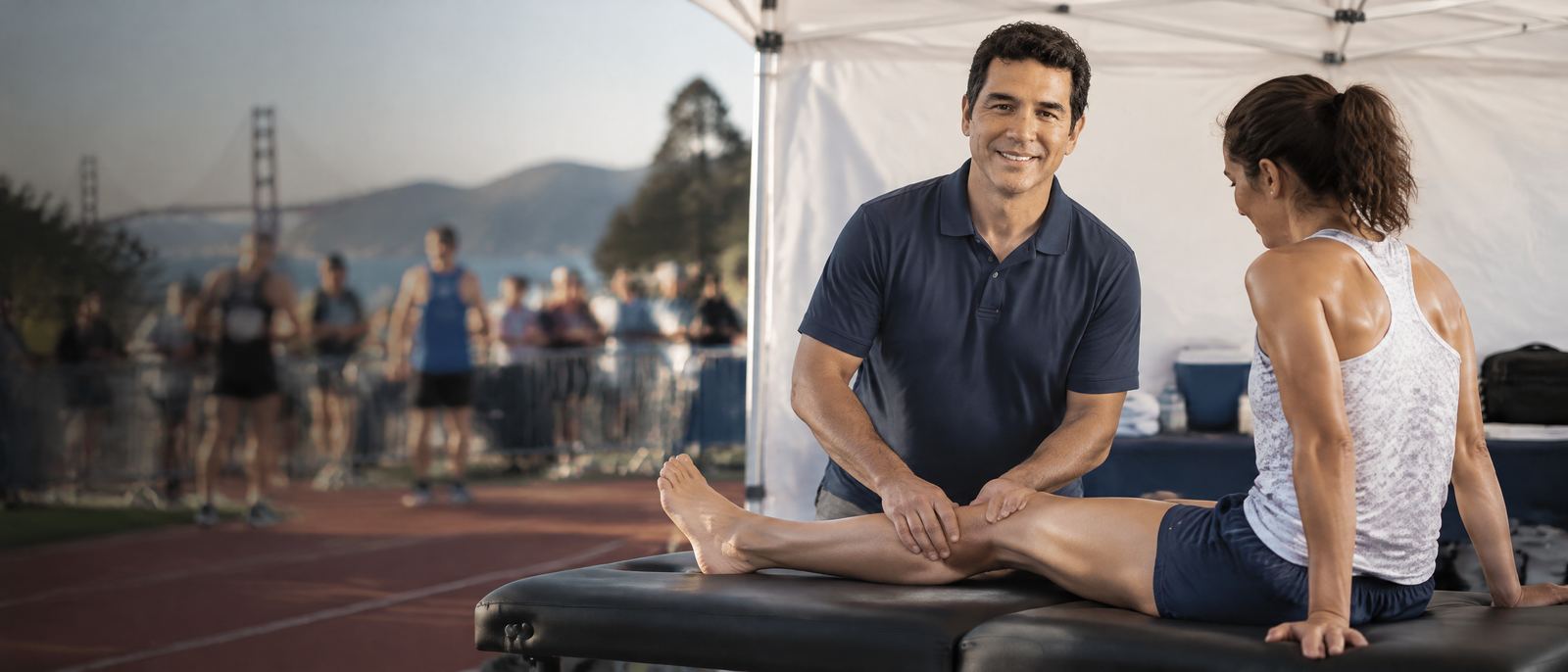 Andrew Castellanos treating a runner's leg on a portable table in a recovery tent at a San Francisco race
