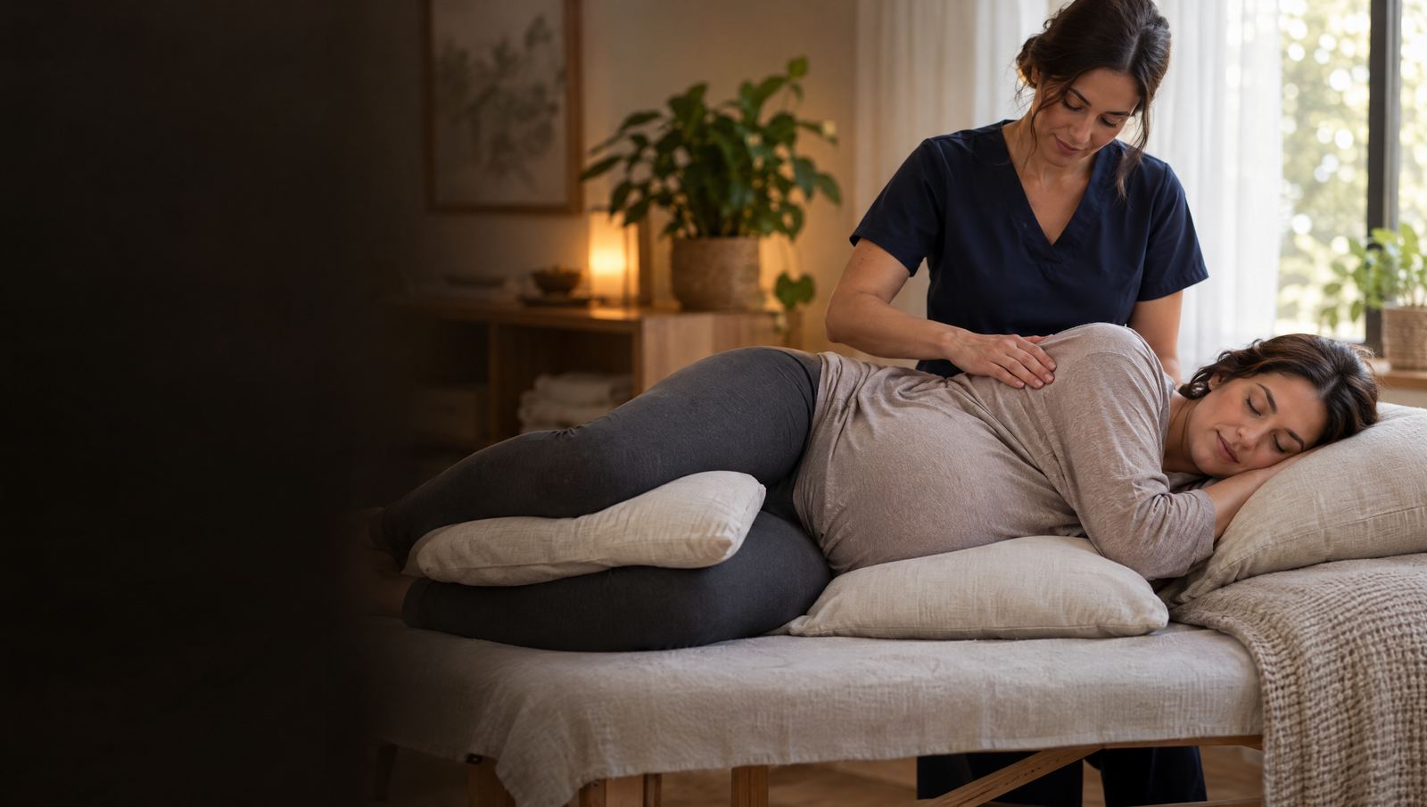 A pregnant woman resting on her side with pillows in a calm, warm treatment room while her acupuncturist sits nearby