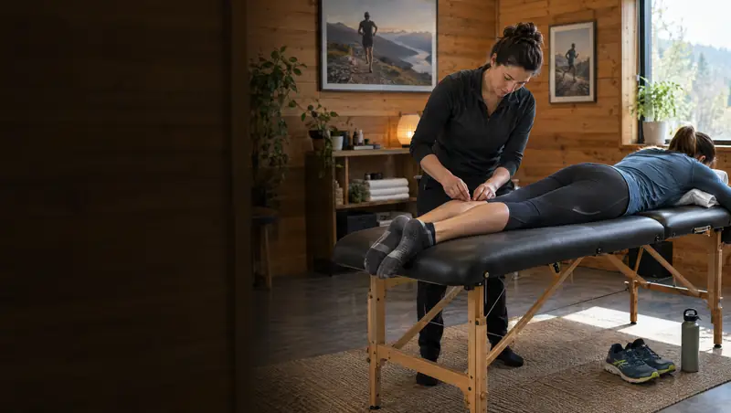 Practitioner treating a runner lying on a treatment table