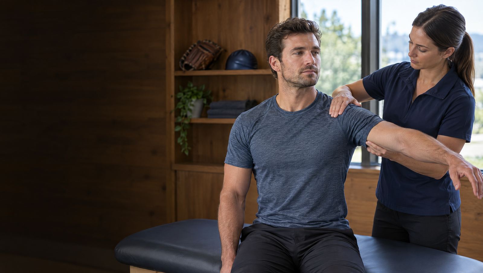 Practitioner supporting a seated athlete's raised arm while testing shoulder range of motion in a wood-panelled clinic