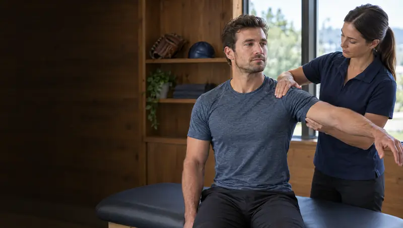 Practitioner testing an athlete's shoulder range of motion