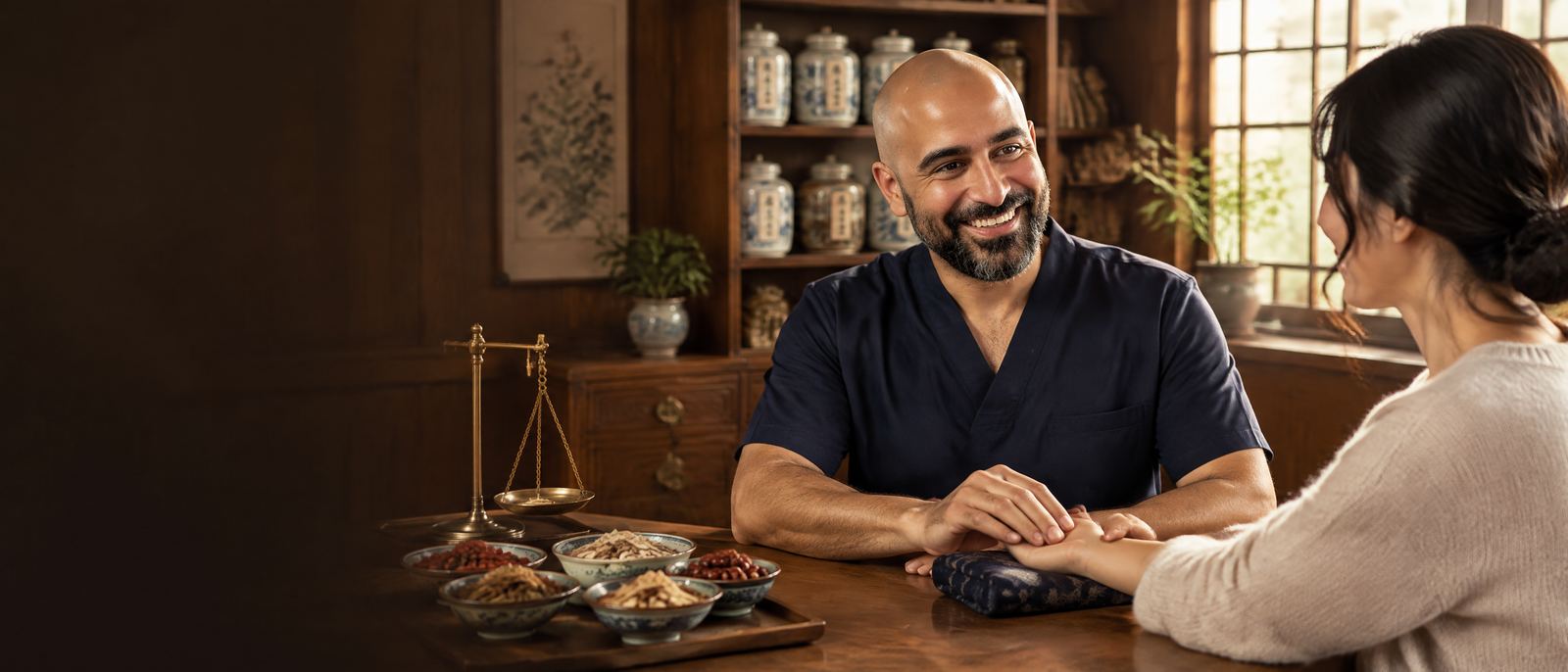 Ali Hakimi taking a patient's pulse at a wooden table set with bowls of Chinese herbs