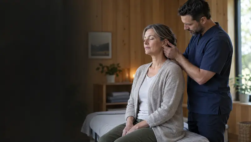 A practitioner gently treating the area around a patient's ear