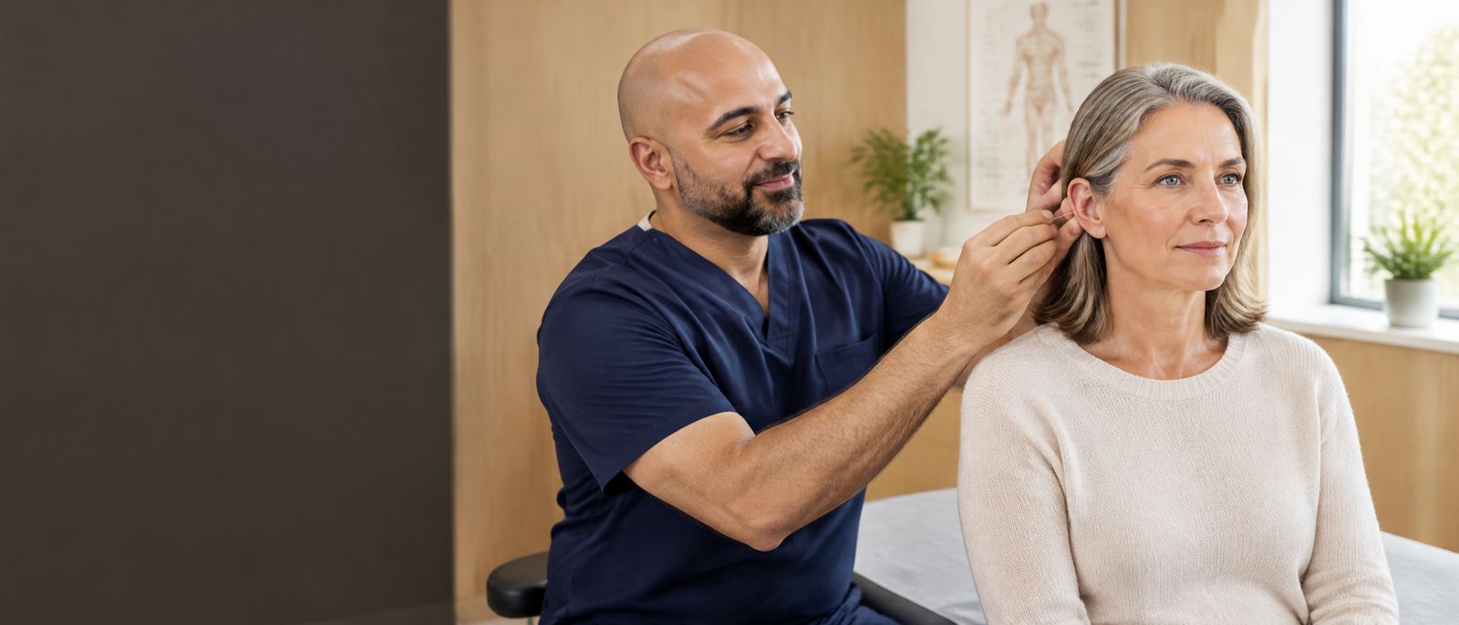 Ali Hakimi placing a fine acupuncture needle in the ear of a seated patient in a bright clinic room